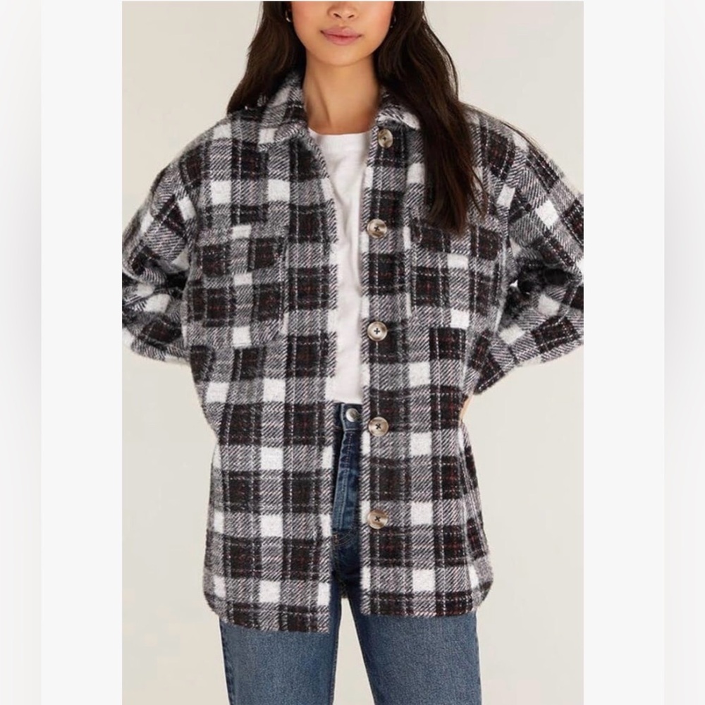 EUC Z Supply Black & White Plaid Oversized Button Front Fuzzy Shacket Jacket M